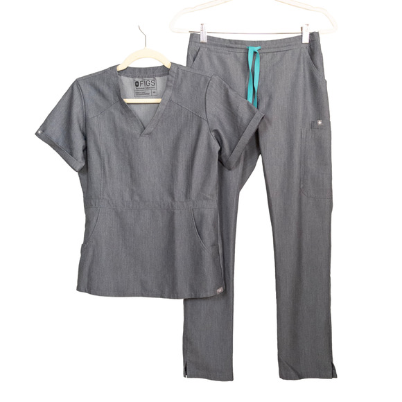 Figs Tops - FIGS Scrub Set Graphite Women's XS Yola Skinny Pants Flores Peplum Top Medical